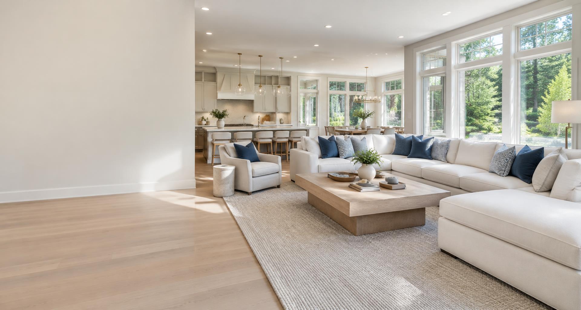 Beautifully clean luxury living room with a white sofa and garden views